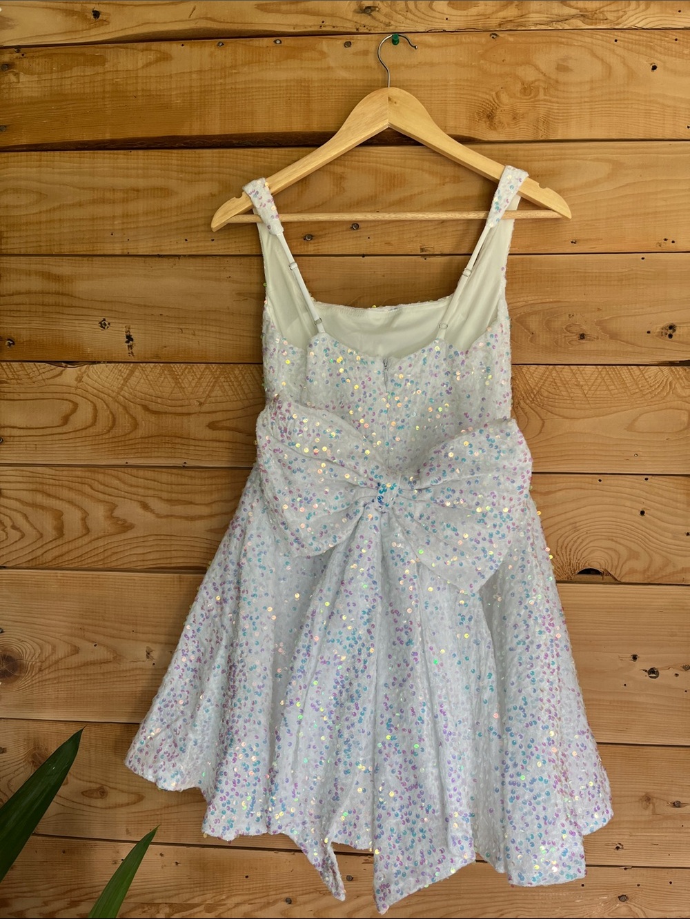 White Iridescent Sequin Prom Dress with Square Neck and Huge Bow - Picture 2 of 5